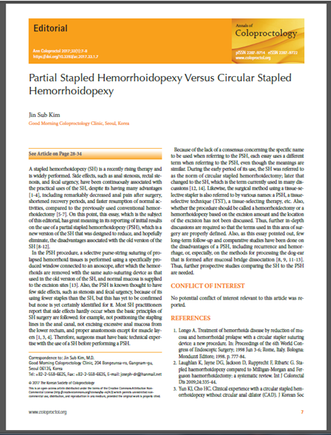 Annals of Coloproctology에 실린 Partial Stapled Hemorrhoidopexy Versus Circular Stapled Hemorrhoidopexy 논문 페이지